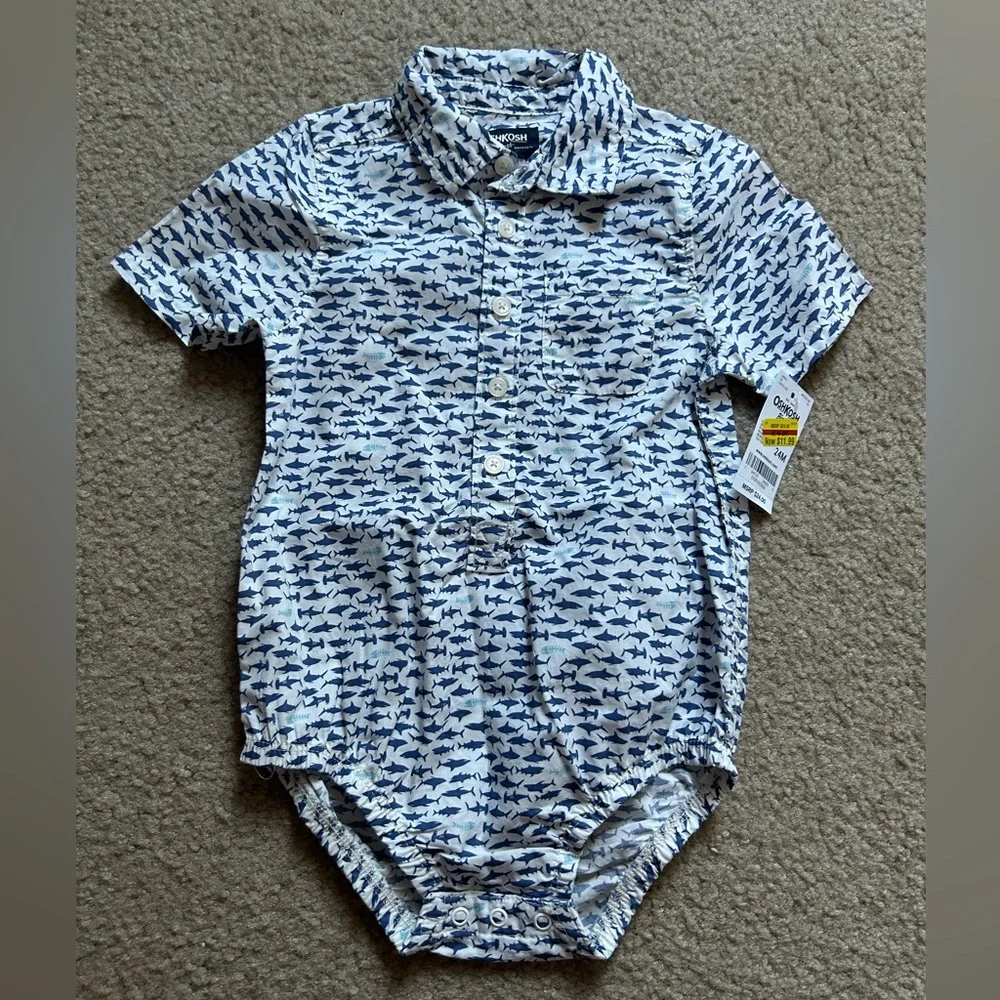 Oshkosh B’Gosh Baby Boy Blue Shark Pattern Button Up Bodysuit 24M